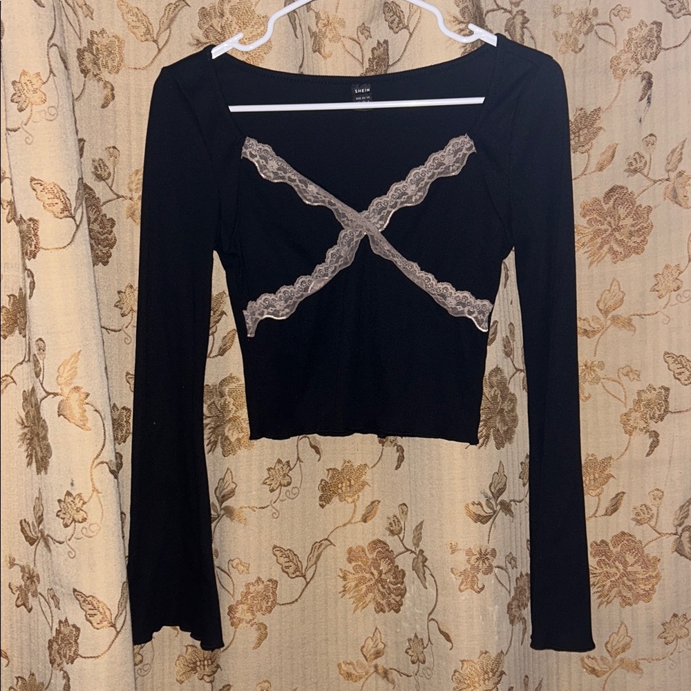 SHEIN Black Crop Top with Lace Detail